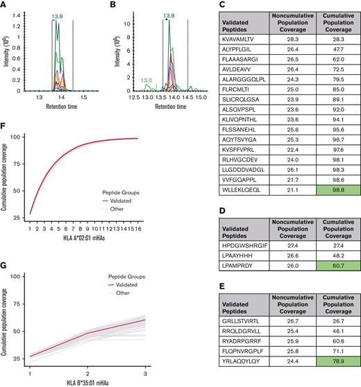 Mass spectrometry validation of predicted GVL mHAs for HLA-A∗02:01, B∗35:01, and C∗07:02. (A) Shows representative spectra for heavy-labeled peptide standard for HLA-C∗07:02–binding mHA LPAAYHHH. (B) Shows endogenous LPAAYHHH peptide identified from immunoprecipitated peptide sample from cell line MONOMAC1. (C) Shows all novel identified peptides from cell line U937A2 sample. “Noncumulative population coverage” shows the percentage of DRPs expressing HLA-A∗02:01 within the DISCOVeRY-BMT data set where the recipient expresses the mHA allele and the donor does not. “Cumulative population coverage” shows the output from the greedy algorithm calculating total population coverage by each peptide and the ones preceding it, with a total of 98.8% population coverage by the 10 peptides. (D) Shows all identified peptides from cell line NB4 sample, with a 60.7% cumulative coverage of DRPs expressing HLA-B∗35:01 within the data set by the 3 peptides. (E) Shows all identified peptides from cell line MONOMAC1, with a 78.9% cumulative coverage of HLA-C∗07:02–expressing DRPs within the data set. (F) Shows cumulative coverage by the 16 novel confirmed HLA-A∗02:01–binding mHAs and 1000 simulated sets of 16 peptides from the set of mHAs searched by mass spectrometry. Cumulative coverage by confirmed peptides is shown in blue, whereas each simulated run is shown as an individual gray line. (G) Shows cumulative coverage for the 3 confirmed HLA-B∗35:01–binding mHAs and 1000 simulated sets of 3 peptides. (H) Shows cumulative coverage for the 5 confirmed HLA-C∗07:02–binding mHAs and 1000 simulated sets of 5 peptides. (I) Shows flow cytometry staining from the mHA immunogenicity experiment. “UV only” shows negative control stained with tetramer exposed to UV light with no peptide. “Flu-M158-66” shows CD8 T cells cocultured with M158-66 pulsed DCs, stained with M158-66 tetramer. “UNC-HEXDC-V” shows CD8 T cells cocultured with novel mHA UNC-HEXDC-V stained with UNC-HEXDC-V tetramer.