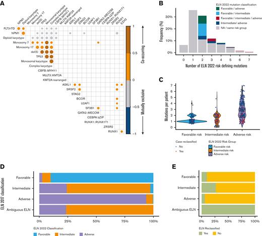 Distribution of ELN risk defining mutations within the Beat AML Cohort. (A) Correlation plot demonstrating relationship of ELN risk-defining mutations. NPM1 frequently associated with FLT3 ITD mutations, both of which were associated with diploid karyotypes. Conversely, adverse-risk cytogenetics and TP53 mutations tended to correlate with each other. Size of circles indicates the frequency (larger circles indicate increasing and smaller circles indicate decreasing frequency) of co-occurrence. Only correlations with P < .001 are displayed. (B) Percentage of patients with no identifiable, 1 identifiable, or multiple identifiable ELN risk–defining mutations. Colored bars indicate percentage of patients with multiple ELN risk–defining mutations spanning different (ie, favorable and adverse) risk groups. (C) Number of ELN risk–defining mutations identified per patient across ELN 2022 risk groups. Red circles indicate cases that were reclassified based on the updated ELN 2022 guidelines. (D-E) Bar plot demonstrating the percentage of patients reclassified according to ELN 2022 risk group (D) and overall (E). Patients listed as ambiguous ELN include 17 patients with co-occurring NPM1 and FLT3 ITD mutations in whom the FLT3 ITD allelic ratio was unknown.