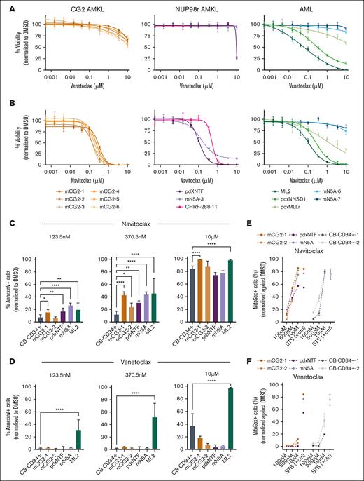 CG2 and NUP98r AMKL xenografts are sensitive to the induction of the intrinsic apoptotic pathway. (A-B) Dose-response curves and IC50s (supplemental Table 13) determined for each indicated sample of AMKL or AML, submitted to a viability assay in presence of venetoclax or navitoclax. (Cell-Titer Glo, 6-day incubation, 4 replicates). Viability readout was normalized to dimethyl sulfoxide (DMSO) controls for each sample. (C-D) Apoptosis assessed by annexin V staining and flow cytometry of AKML xenografts (mCG2, pdxNTF, and mN5A; n = 2 biological replicates for each cell type), ML2 (AML cell line, n = 2), or normal CB CD34+ cells (n = 3) treated for 72 hours in culture as triplicates with the indicated BH3 mimetics (123.5 nM, 370 nM, and 10 μM) or DMSO. P values: ∗∗P < .005; ∗∗∗P < .001; ∗∗∗∗P < .0001. (E-F) Mitochondrial superoxide production was assessed by MitoSox staining and flow cytometry of AMKL xenografts or normal CB CD34+ cells, treated with the indicated BH3 mimetics or DMSO for 72 hours in culture in duplicates. Staurosporine (STS) was used as positive control at 1 μM. mAMKL, synthetic xenograft of AMKL; mAML, synthetic xenograft of AML; pdx, patient-derived xenograft; CB CD34+, CB CD34+ cells.