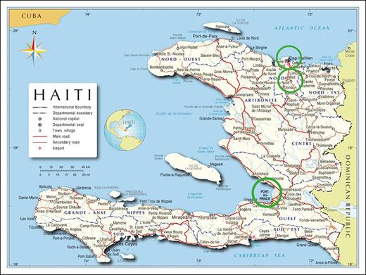 Haiti and the study environment. Port-au-Prince is Haiti’s capital, with 2.9 million inhabitants (2022 data)10 with a poverty level of 87.6% and 30.3% of the population living under the extreme poverty line.11 Social factors include street violence and suboptimal literacy rate for Haiti, in general, with 61.7% literacy for individuals aged ≥15 years and 83% literacy for the subgroup of individuals aged 15 to 24 years.12 SDH, the only pediatric hospital in Haiti, has a 224-bed capacity. The hospital serves 1000 children with SCD, from infancy to age 12 years. The SDH laboratory has a Sebia capillary hemoglobin electrophoresis machine and a Perkin Elmer IEF machine in use for NBS. HUEH does not have capacity for hemoglobinopathy evaluation and outsources samples to SDH. Thirty children with SCD are examined at HUEH. JUH is located at Cap Haitien, Haiti’s second largest city after Port-au-Prince, with 190 000 inhabitants.10 This program has a nurse coordinator and CHW, serving 30 children with SCD. Located at Milot, a rural town of 25 100 inhabitants,13 11 miles south from Cap Haitien, SCH does not have hemoglobinopathy laboratory equipment; >200 children are followed up at SCH. None of the 4 hospitals had a TCD ultrasound machine before the CSHSCD started. Hydroxyurea was purchased from outside vendors (rarely) or supplied by sponsors. Before the CSHSCD, penicillin was administered by intramuscular injection every month as pneumococcal prophylaxis for children aged <5 years.
