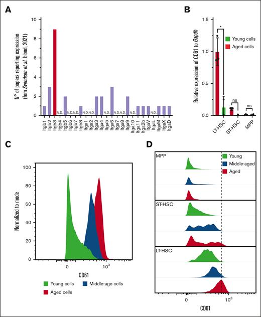 CD61 expression in LT-HSCs. (A) Number of reports used in the aging signature, reporting differential expression of genes of the integrin family. (B) CD61 messenger RNA (mRNA) expression measured by reverse transcription PCR in LT-HSCs, short-term HSCs (ST-HSCs), and MPP isolated from young (2-4 months old) and aged (>22 months old) mice. (C) Protein level of CD61 on LT-HSCs from young (2-4 months old), middle-aged (10-12 months old) and aged (>22 months old) mice measured by flow cytometry. (D) Protein level of CD61 on LT-HSCs, ST-HSCs, and MPPs from young, middle-aged, and aged mice measured by flow cytometry. MPP, multipotent progenitor.