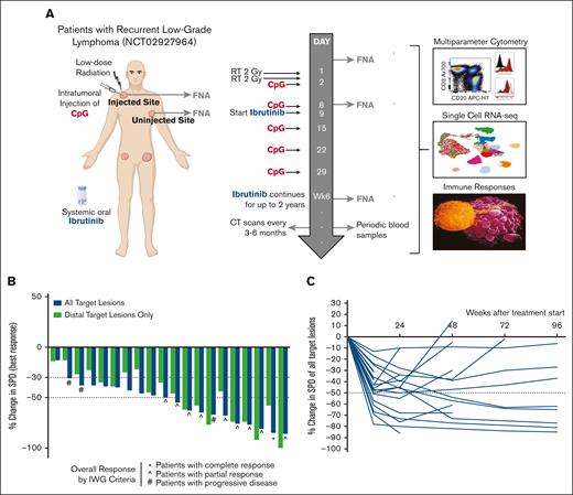 Study design and clinical outcome. (A) Schematic representation of the clinical trial design, treatments, and biopsy schedule and overview of assays performed on the obtained specimens. (B) Waterfall plot depicting best response in SPD of either all target lesions (blue bars) or uninjected, distant target lesions only (green bars). All 3 patients with progressive disease progressed at a single site of disease but experienced tumor reduction elsewhere. (C) Spider plot depicting change in SPD of all target lesions over time from treatment initiation. CT, computed tomography; FNA, fine needle aspirate; RT, radiotherapy; SPD, sum of product of diameters; IWG, international working group.