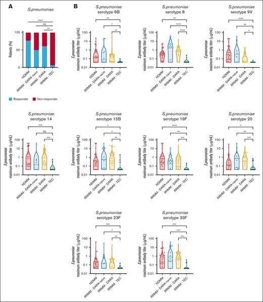 Teclistamab impairs vaccine response to S. pneumoniae. (A) Response after vaccination against S. pneumoniae in patients treated with teclistamab (n = 17). Control groups were patients with NDMM on maintenance therapy after autologous stem cell transplantation (n = 22), patients with daratumumab-naive RRMM (n = 11), and patients with RRMM treated with a daratumumab-containing regimen (n = 20). Response rates were compared using Pearson χ2 test or Fisher exact test. (B) Peak specific IgG titers (μg/mL) against pneumococcal serotypes 6B, 8, 9V, 14, 15B, 19F, 20, 23F, and 33F, assessed by enzyme-linked immunosorbent assay, after PCV-13 and PPV-23 vaccination in the teclistamab-treated and control groups. Data are depicted as violin plots, indicating the distribution, including the median and interquartile range. Groups were compared using Kruskal-Wallis test with Dunns correction for multiple comparisons. RRMM-DARA naive, patients with daratumumab-naive RRMM; RRMM-DARA, patients with RRMM treated with a daratumumab-containing regimen; RRMM-TEC, patients with RRMM treated with teclistamab; ns, not significant. ∗P < .05; ∗∗P < .01; ∗∗∗P < .001; and ∗∗∗∗P < .0001.