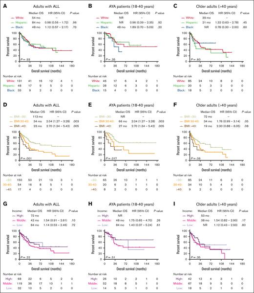 Socioeconomic predictors of survival in patients with ALL treated at the University of Chicago. Kaplan-Meier OS curves for adult patients with ALL, stratified based on race (A), race and age groups (B-C), BMI at diagnosis (D), BMI and age groups (E-F), median income (G), median income, and age groups (H-I).