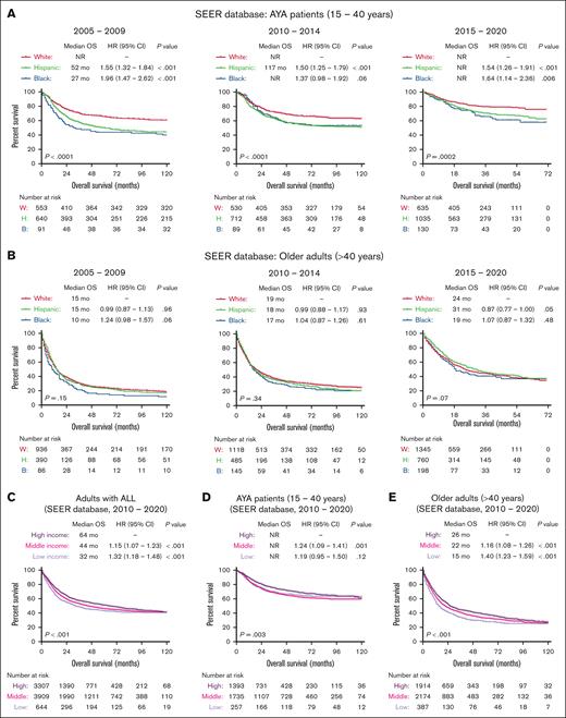 Socioeconomic predictors of survival in patients with ALL registered in the SEER database. Kaplan-Meier OS curves for adult patients with ALL, stratified based on race and year of diagnosis in AYA patients (A), older adults (B), and further stratified based on median income (C) and age groups (D-E) for patients treated between 2010 and 2020.