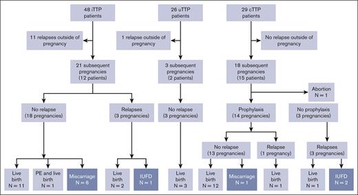 Flowchart of the subgroup of patients with subsequent relapses and pregnancies as a function of pregnancy-onset TTP. A total of 12 relapses outside of pregnancies and 42 subsequent pregnancies were reported. Eleven relapses outside of pregnancies were observed in the 48 surviving patients with iTTP, 1 in the surviving 26 patients with uTTP, and none in the 29 surviving patients with cTTP. The 21 subsequent pregnancies reported in the iTTP group can be broken down into a no TTP–relapse group (18 pregnancies: 11 live births, 6 miscarriages, and 1 live birth complicated by PE) and a TTP-relapse group (3 pregnancies: 2 live births and 1 IUFD). All 3 of the subsequent pregnancies reported in the uTTP group ended in live births without relapses. Finally, 18 pregnancies were monitored in the cTTP group. One ended in an abortion and 14 were led with prophylactic plasmatherapy preventing a relapse in 13 pregnancies (12 live births and 1 miscarriage). Despite prophylactic plasmatherapy, 1 TTP relapse was reported, ending with a live birth. The final 3 were carried out without prophylactic plasmatherapy and were all marked by a TTP relapse, with 2 IUFD and 1 live birth.