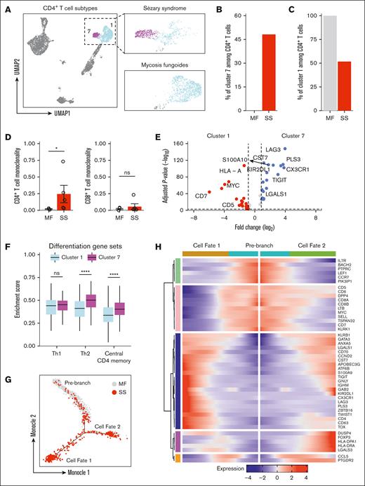 A unique CD4 T-cell subpopulation emerges during SS. (A) UMAP plot demonstrating 2 clusters of CD4 T cells. Cells are color coded by clusters. (B) Bar plots of the proportion of CD4 T cells in cluster 7 from patients with MF and SS. (C) Bar plots of the proportion of CD4 T cells in cluster 1 from patients with MF and SS. (D) Bar plots enumerating monoclonality for CD4 (left) and CD8 (right) in MF and SS. (E) Box plots comparing enrichment scores for the indicated phenotype among cluster 1 and cluster 7 cells. Center line, median; box limits, upper and lower quartiles. (F) Violin plots of selected genes for multiple immune cell types. (G) Single-cell trajectory plot showing lineage relationships among cluster 1 and 7 cells from patients with MF and SS using the Monocle algorithm. (H) Heat map depicting temporal marker expression intensity for significantly branch-dependent genes (Branch Expression Analysis Modeling test; false discovery rate of <1 × 10−10) for the transition identified in panel G. ∗P < .05 by 2-tailed t test. ns, nonsignificant.