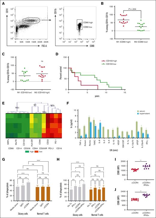 IFN-α2a enhances macrophage-medicated depletion of Sézary cells by anti-CCR4 antibodies. (A) Gating strategy to identify CD80high and CD80low CD14+CD11b+ cells in the peripheral blood of 14 patients with SS. (B) Percentage of CD80high and CD80low among CD14+CD11b+ cells in the peripheral blood of 14 patients with SS. (C) Percentage of CD163high and CD163low among CD14+CD11b+ cells in the peripheral blood of 14 patients with SS. (D) Overall survival of 14 patients with SS based on the level of CD163 expression on CD14+CD11b+ cells in the peripheral blood. (E) Hierarchical clustering analysis by the 2-way joining of mean fluorescent intensity (MFI) of various differentiation markers on the Mф after exposure to sera of patients with SS in comparison with healthy sera. (F) Cytokine profile of sera of patients with SS and supernatant obtained 7 days after coincubation of healthy Mф with sera from patients with SS. ∗P < .05. (G) Phagocytosis of Sézary cells vs normal T cells in the presence or absence of anti-CCR4 antibody. ∗∗∗P < .001; ∗∗∗∗P < .0001 by analysis of variance (ANOVA) with Šidák multiple pairwise comparisons. (H) Phagocytosis of Sézary cells vs normal T cells after coculture in anti-CCR4 antibody with or without IFN-α2a. ns, nonsignificant; ∗P < .05; ∗∗P < .01; ∗∗∗P < .001; ∗∗∗∗P < .0001 by analysis of ANOVA with Šidák multiple pairwise comparisons. (I-J) Flow cytometry MFI of (I) CD80 and (J) CD86 on macrophages after coculture with Sézary cells in anti-CCR4 antibody with or without IFN-α2a supplementation. ns, nonsignificant; ∗P < .05 by ratio paired t test.