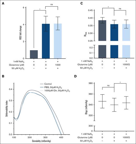 Glutamine pretreatment benefited oxidatively stressed RBCs through osmotic protection. (A) Fold change in intracellular ROS detected by DCFDA staining and flow cytometry in RBCs. (B) Representative ektacytometry curve as cells pass through an osmotic gradient at a constant shear stress of 16 Pa. (C) Maximum deformability index (DImax) values, and (D) RBC hydration graphed as Ohyper (n = 3). The mean ± standard error of the mean is denoted by the error bars. A 1-way paired t test was used to analyze the data. ns, not significant; ∗P < .05.