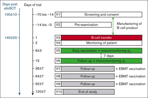 Flowchart diagram describing clinical trial. For the time axis, the day of B-cell transfer is denoted as d1. V1 to V10, visits.