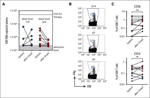 Reactivation of EBV after B-cell transfer. (A) EBV copy numbers before (V2) and after B-cell transfer. Maximal values of EBV copy numbers are depicted for observation periods V3 to V10. (B) Representative FACS analysis of IFNγ production in CD8+ T cells after stimulation with 5 PepTivator peptide mixes derived from EBV proteins (EBNA1, BMLF1, BZLF1, LMP1, and BRLF1). (C) Frequency of IFNγ-producing CD8 and CD4 cells after stimulation with EBV PepTivator peptide mixes. The respective maximal values of 2 time points analyzed after B-cell transfer (days 7 and day 14) are shown.