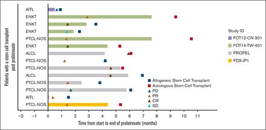 Response in patients with SCT after pralatrexate treatment. AITL, angioimmunoblastic T-cell lymphoma; ENKT, extranodal NK/T-cell lymphoma; PTCL-NOS, peripheral T-cell lymphoma, not otherwise specified; ALCL, analplastic large T-cell lymphoma.