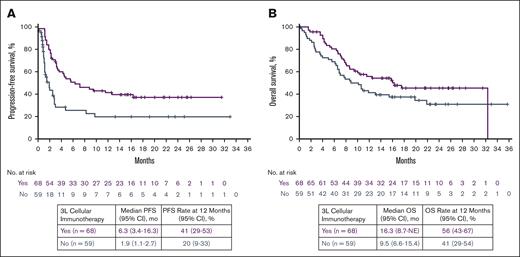 PFS and OS by 3L cellular immunotherapy in the SOC arm since 3L treatment initiation. Kaplan-Meier estimates were calculated from 3L treatment initiation. No., number.