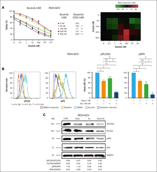 In vitro effect of combined therapy with dasatinib and BTKi on human E2A-PBX1+/preBCR+ ALL cell proliferation and on PLCG2 and BTK phosphorylation. (A) Left panels, titration curves for E2A-PBX1+/preBCR+ human (RCH-ACV) cells with increasing concentrations of dasatinib and ibrutinib combination treatments. Viable RCH-ACV cells were counted with trypan blue exclusion assay after 3 days. Data represent IC50 calculated using nonlinear regression analysis and curves were compared with the sum-of-squares F test. Dose-response curves of each BTKi concentration were compared with the dose-response curve of the vehicle-treated cells as controls. n.s., not significant; ∗∗P < .001; ∗∗∗P < .0001. Right panel, heat map representation of Bliss interaction index for RCH-ACV cells treated with dasatinib and ibrutinib. Three independent experiments were performed. (B) In vitro effects of the combined therapy with dasatinib and BTKi in human RCH-ACV cells on the phosphorylation status of the key pre-BCR+ pathway proteins PLCG2 and BTK, after 30 minutes of treatment. One representative graph per antibody is shown. Relative fold median fluorescence intensity (MFI) change of cells treated with inhibitors or vehicle are illustrated. Data represent mean of 3 independent experiments + SEM. (C) Western blot analysis (representative of 3 independent experiments) shows the protein levels of BTK, pBTK, PLCG2, and pPLCG2 following dasatinib (1 nM), ibrutinib (100 nM), and dasatinib (1 nM) + ibrutinib (100 nM) treatments compared with control, in human RCH-ACV ALL cells. GADPH was used as loading control. Densitometry values were calculated using ImageJ software.