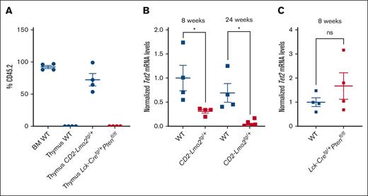 Tet2 mRNA levels decrease in preleukemic self-renewing CD2-LMO2tg thymocytes. (A) Percentage of CD45.2 in thymi of sublethal irradiated CD45.1 mice injected with bone marrow of WT mice (n = 4), thymus of WT mice (n = 4), thymus of CD2-Lmo2tg/+ mice (n = 4) and thymus of Lck-Cretg/+Ptenfl/lf mice (n = 4). (B) Normalized Tet2 mRNA expression in the thymi of WT (n = 4) and CD2-Lmo2tg/+ (n = 4) mice at 8 weeks (P = .0286) and 24 weeks (P = .0286) of age. (C) Normalized Tet2 mRNA expression in thymi of WT (n = 4) and Lck-Cretg/+Ptenfl/lf (n = 4) mice at 8 weeks of age (P = .2900).