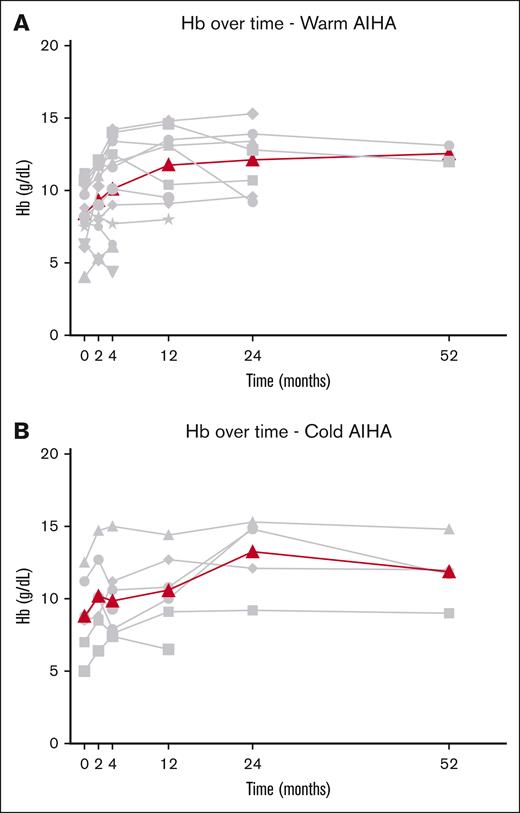 Hb response after the initiation of daratumumab therapy. (A) Patients with wAIHA. (B) Patients with cAIHA. Gray lines represent individual data of Hb; bold line represents median Hb over time.