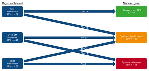 Patients’ organ involvement and group allocation. ∗Defined as ≥5% in BM. In addition, 11 patients had measurable microscopic disease (<5%) in BM: 7 in the skin only group; 2 in the systemic plus skin group; 2 in the systemic only group.