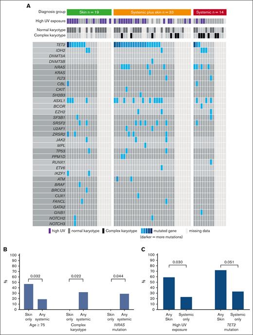 UV exposure, cytogenetics, and molecular abnormalities by diagnostic organ groups. (A) Molecular and cytogenetic samples taken from BM or blood at diagnosis. (B) Comparison between skin only group vs any systemic involvement (defined as systemic only or systemic plus skin). (C) Comparison between systemic-only group vs any skin involvement (defined as skin only group or systemic plus skin).