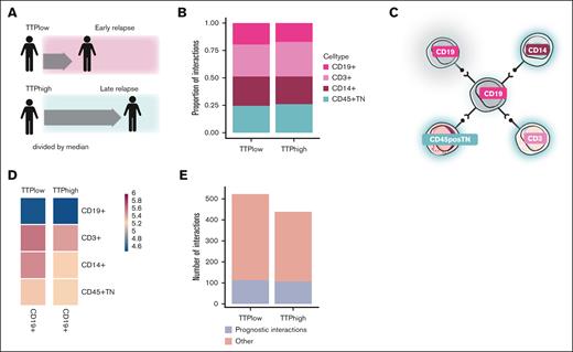 Association of the B-cell interactome with MM progression. (A) Diagram. Interactions were determined using CellPhoneDB24 for patients with early or late relapse. (B) Comparison of the number of CellPhoneDB-predicted interactions between TTPlow and TTPhigh samples. (C) Diagram illustrating B-cell–centric interactions in which B cells interact with various other cell types. (D) Heat map comparing the interactome of B cells with other cell types in TTPlow vs TTPhigh patients. (E) Number of prognostic interactions vs total interactions by condition.