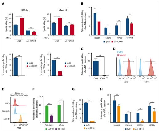 ICAM-1–LFA-1 interaction is critical for TNFα to sensitize AML to DNT-mediated cytotoxicity. (A-B) AML cell lines (A) and primary AML samples (B) were pretreated with or without rTNFα, washed with PBS, then cocultured with DNTs in the presence of isotype control or anti–ICAM-1 blocking antibody. Percentage specific killing of AML cells (A, left) and percentage increase in specific killing between rTNFα-treated AML and nontreated AML (A, right) were determined. The experiments were performed in triplicates with at least 2 DNT donors. Numbers represent the ID of patients with AML. (C) Cas9 and ICAM-1KO OCI-AML2 cells were untreated or treated with rTNFα, washed with PBS, then cocultured with DNTs for 2 hours. The data shown are the percentage increase in specific killing of rTNFα-treated AML cells by DNTs relative to untreated AML cells. The graph shown is representative of 2 independent experiments. (D) DNTs were stained for LFA-1 subunits (red), CD11a and CD18, and compared with FMO control (blue). (E) Representative histogram of random sgRNA control DNTs (sgRND, orange) and CD18KO DNTs (CD18KO, blue) to show CD18 expression relative to FMO control (red). (F) AML cells were pretreated with or without rTNFα, washed with PBS, then cocultured with CD18KO DNTs (CD18KO) or control DNTs (sgRND) for 24 hours (for KG-1a) and 2 hours (for OCI-AML2). The percentage increase in specific killing due to rTNFα pretreatment was determined. The data shown are representative of 2 independent experiments. (G-H) KG1a (G) and 4 primary AML samples (H) were pretreated with or without rTNFα, washed with PBS, then cocultured with DNTs, in the presence of isotype control or anti-CD18 blocking antibody for 24 hours (for KG-1a) and 3 hours (for primary AML). Percentage change in specific killing between rTNFα-treated AML and nontreated AML is shown. The experiments were performed in triplicates with at least 2 DNT donors. Numbers represent the ID of patients with AML. Student t test and 1-way/2-way ANOVA were used. ∗P < .05; ∗∗P < .01; ∗∗∗P < .001. ns, nonsignificant; sgRNA, single guide RNA; sgRND, random single guide RNA.