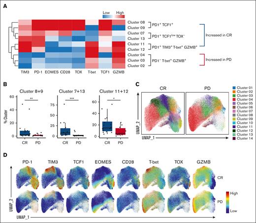 PD-1+ CD8+ CAR+ T-cell clusters are increased in the CR cohort. (A) Clustered heat map showing key marker expressions on differentially abundant CAR+ CD8+ clusters. Clusters 8 and 9: PD-1+ TCF1+. Clusters 7 and 13: PD-1+ TCF1low TOX−. Clusters 11 and 12: PD-1+ TIM3+ T-bet+ GZMB+. Clusters 2, 3, and 4: PD-1− T-bet+ GZMB+. Color scale was determined by median normalization of each individual marker with blue representing low expression, white representing median expression, and red representing high expression. (B) Box plots of clusters in CR vs PD cohorts. Cluster abundance was reported as a percentage of CAR+ CD8+ T cells. (C) UMAP of CAR+CD8+ T cells in CR vs PD cohorts, colored by cluster. (D) Expression plots of phenotypical and functional markers present on CAR+ CD8+ T cells. Expression of markers on individual cells were overlaid onto the UMAP space in CR (top) vs PD (bottom) cohorts. Box plots show quartiles with bands at the median; whiskers indicate 1.5 interquartile range; all observations overlaid as dots. P values are from linear regression analysis; ∗P < .05, ∗∗P < .01; ∗∗∗P < .001.