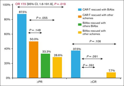 Best response achieved in TCR patients rescued after T-cell–directing therapy failure.