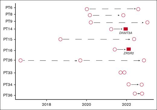 Longitudinal data. Plot showing patients with longitudinal samples available. Circles represent RHP not showing any CHIP, whereas red squares represent RHP where CHIP was detected. Two patients (PT 14 and PT 16) who had no CHIP at the initial RHP were later found to harbor 1 CHIP (DNMT3A and ZRSR2, respectively). In contrast, no CHIP was found in the repeated RHP of the remaining 8 patients.