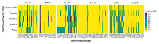 Frequency of nonsynonymous single nucleotide variants in 6 canonical protein-coding genes in EBV genomes from 6 global regions. All 6 genes have been the focus of EBV vaccine development efforts. The frequency (%) is calculated as the (number of EBV genomes from each region carrying the indicated sequence variant)/(total number of EBV genomes analyzed from that region) × 100.