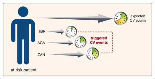 Conceptualization of CV events in the at-risk patient with B-cell malignancy. Absent BTKis, CV events would occur spontaneously at a given time point but ibrutinib (IBR), acalabrutinib (ACA), and zanubrutinib (ZAN) act as triggers that precipitate CV events at earlier time points, with the potency of triggering being IBR > ACA > ZAN.