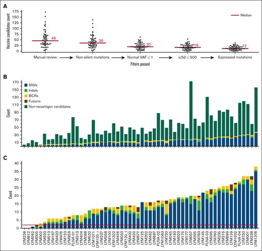 Personalized neoantigen cancer vaccine identification and prioritization. (A) Swarm plots display the number of vaccine candidates on the y-axis for the entire cohort at each stage of filtering (x-axis), moving from left to right. The bar graphs depict the numbers of final neoantigen vaccine candidates for each patient, colored according to source (SNV, indel, BCR, and fusion) and are sorted from least to most total candidates. Bar graph (B) includes nonneoantigen mutations that did not pass neoantigen filtering, whereas bar graph (C) only contains final candidates. The red line in panel C depicts the minimum cutoff of 2 candidates required for potential vaccine design.