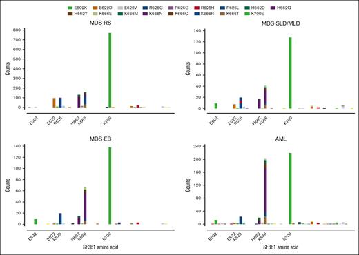 Distribution of exon 13-16 SF3B1 mutations within WHO 2016 classifications of MDS and AML. Amino acid positions are shown along the x-axis, and individual variants are counted along the y-axis according to the legend above the graphs. EB, excess blasts.