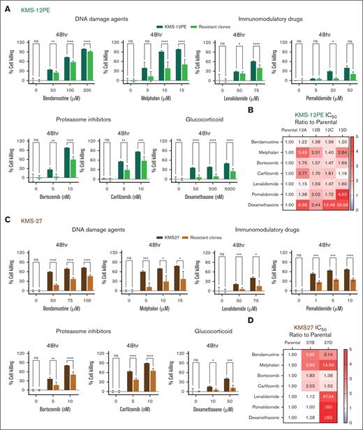 Venetoclax-resistant clones display a broader resistance to standard-of-care antimyeloma agents. (A,C) Drug sensitivity screening in the KMS12PE (A) and KMS27 (C) cell models. Cell viability was assessed by CTG after 48 hours of treatment and represented as percentage of cell killing compared with untreated cells. The parental bar represents the median cell killing of triplicated data. The resistant clones represent the median cell killing of all the clones tested with triplicated data (12A, 12B, 12C, and 12D in KMS12PE model; and 27B, 27D in KMS27 model). Two-way ANOVA was used to calculate P values. (B,D) IC50 ratios of venetoclax-resistant clones to parental cells for the indicated drugs are depicted (<1: sensitive than parental and >1: resistant than parental).