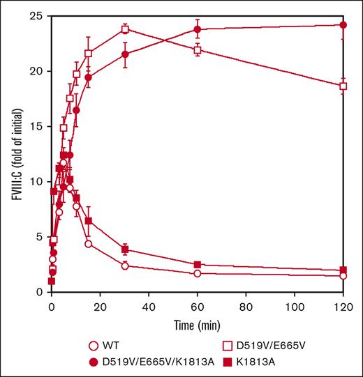 Thrombin-catalyzed activation of D519V/E665V/K1813A, D519V/E665V, and K1813A FVIII mutants. WT-FVIII or FVIII mutants (10 nM) were incubated with thrombin (0.4 nM) before measuring FVIII activity at the indicated times in a 1-stage clotting assay. The symbols used are: open circles, WT; closed circles, D519V/E665V/K1813A; open squares, D519V/E665V; and closed squares, K1813A. The initial FVIII activities of the WT, and K1813A, D519V/E665V, and D519V/E665V/K1813A mutants were 6.1, and 12.8, 9.1, and 22.0 IU/mL, respectively, at t = 0. FVIII activity was expressed as a fold of initial (t = 0) and was plotted as a function of incubation time. Experiments were performed 3 times, and the average and standard deviation values are shown.