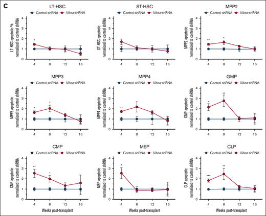Nbea is required for the survival and proper differentiation of HSPC after transplantation. (A) Contribution of CD45.2+mCherry+ cells to recipient BM HSPCs over time after transplant, following the same experimental schematic as in Figure 1B. (B) CFU potential of mCherry+ HSPCs recovered from transplant recipients at 10 weeks after transplant. (Bi) Total CFUs. (Bii) Frequency of CFUs by size. (Biii) Frequency of CFU subtype. (C) Annexin V levels in CD45.2+mCherry+ cells in recipient BM HSPCs over time after transplant. All data are from 3 independent transplants with 5 mice per condition per transplant. Data are represented as mean ± SEM. ∗P < .05; ∗∗P < .005; ∗∗∗P < .001, relative to recipients of control-shRNA HSPCs. Ery, erythroid; G, granulocyte; M, monocyte; GM, granulocyte/monocyte; GEMM, granulocyte, erythrocyte, monocyte, and megakaryocyte.