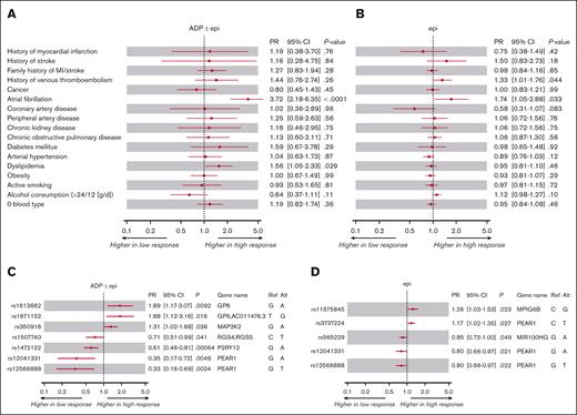 Predictive value of clinical factors and platelet-related common genetic variants for platelet high responsiveness to ADP and epinephrine. Associations between platelet high aggregability induced by a low-response concentration (0.5 μM) of ADP and/or epi and clinical characteristics (A-B), platelet–related common genetic variants (C-D). The group comparisons, (A,C) ADP ± epi and (B,D) epi, were investigated using Poisson regressions with robust standard errors. The model was adjusted for age, sex, platelet count (C-D), plus platelet function-interfering medications (A-B). Alt, alternative allele; MI, myocardial infarction; Ref, reference allele.