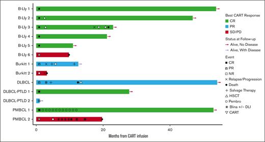 Swimmer plot of clinical courses after tisagenlecleucel in pediatric and young adult patients with R/R BCL. Blina, blinatumomab; DLI, donor lymphocyte infusion; PD, progressive disease; Pembro, pembrolizumab; PMBCL, primary mediastinal BCL; SD, stable disease.