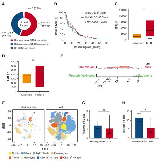 CD38 expression and tumor immune composition in older patients with AML. (A) Distribution of 241 older patients with newly diagnosed AML according to the pattern of CD38 expression: negative, heterogeneous, and homogeneous positive. (B) OS of the 241 older patients with AML treated in the PETHEMA/FLUGAZA phase 3 clinical trial, stratified according to the percentage of CD38+ tumor cells at diagnosis: <50% (green), 50% to 99% (blue) and 100% (red). (C-D) CD38 expression in patient-matched tumor cells at diagnosis, complete response after 3 induction cycles in patients with measurable residual disease (MRD, n = 10), and at relapse (n = 3). (E) Mean fluorescence intensity (MFI) of CD38 in tumor cells from the 241 patients with AML and in BM plasma cells from 10 healthy adults. (F) t-Distributed Stochastic Neighbor Embedding (t-SNE) projection nucleated cells in the BM of older patients with AML and healthy adults (n = 10). (G-H) Frequency of BM NK and T lymphocytes among total alive nucleated cells in BM from patients with AML vs healthy adults. All panels, ∗P < .05; ns, non-significant.