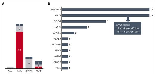 Summary of co-occurring cytogenetic alterations and comutations. (A) Occurrence of i(7)(p10) and other cytogenetic alterations. The number of cases in which i(7)(p10) was detected in the respective entities is depicted. The color indicates the presence of other cytogenetic alterations (light gray), the detection of i(7)(p10) in a subclone only (dark gray) or the presence as sole abnormality (red). (B) Number of cases with the respective comutations among the 15 AML cases with i(7)(p10). For IDH2 the mutation site is also depicted.