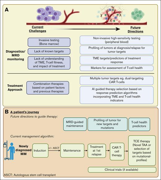 Prospective developments in the treatment paradigm for R/R MM. (A) The current challenges and future directions in MM diagnostics, MRD monitoring, and treatment approaches. (B) We depict a theoretical roadmap outlining a patient example of treatment options and considerations in the treatment of R/R MM. Figure created with BioRender.com. MRD, minimal residual disease.