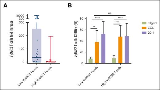 Autologous expansion rates and functional capacities according to Vγ9Vδ2 T-cell phenotype. (A) PBMCs from patients with AML (n = 43) were cultured with 1 μM zoledronate (ZOL) plus 200 U/mL rhIL-2 and 10 μg/mL rhIL-15 for 14 days. (B) Degranulation of Vγ9Vδ2 T cells expanded from PBMCs of patients with AML (n = 23) against autologous blasts pretreated or not with ZOL 50 μM and with or without the agonist anti-BTN3A 20.1 mAb. Results are presented as box plots (A) or as mean ± SD (B), and the statistical significance was established using a Mann-Whitney test (A-B) or a Friedman test followed by a Dunn's test (B). ∗∗P < .01; ∗∗∗∗P < .0001.