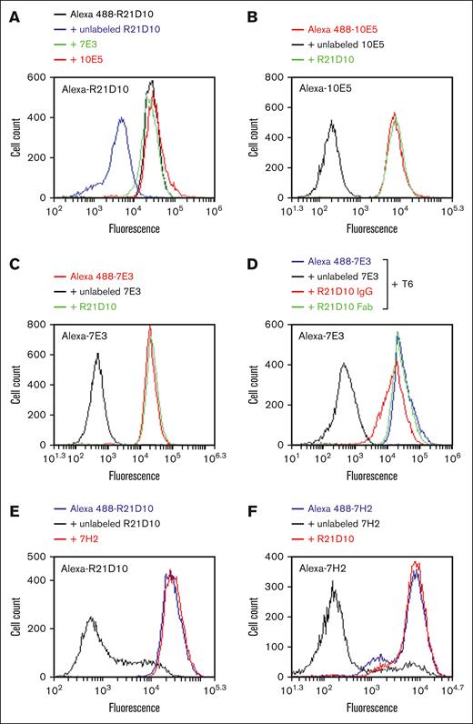 Effect of other mAbs on the binding of R21D10 to platelet αIIbβ3. (A) Washed platelets were preincubated with 40 μg/mL 10E5, 7E3, or unlabeled R21D10 for 15 minutes, then 10 μg/mL Alexa Fluor 488–labeled R21D10 was added for 15 minutes and detected by flow cytometry. (B-C) Washed platelets were preincubated with 40 μg/mL R21D10, unlabeled 10E5 (B), or unlabeled 7E3 (C) for 15 minutes, after which 10 μg/mL Alexa Flour 488–labeled 10E5 or 7E3 was added for 15 minutes and detected by flow cytometry. (D) T6-activated platelets were preincubated with R21D10 immunoglobulin G (IgG), R21D10 Fab, or unlabeled 7E3 for 15 minutes, and Alexa Fluor 488–labeled 7E3 binding was detected as above. (E-F) The effect of β3 PSI domain–specific mAb 7H2 on R21D10 binding (E) and the effect of R21D10 on 7H2 binding (F) to unactivated platelets was detected as above.