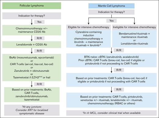 Sequencing treatments in FL and MCL. Flow charts outline a proposed sequencing of therapies in FL and MCL based on current approvals and highlighting when to consider CAR T-cells and/or BsAb. In R/R FL, patients should again have an indication for therapy to proceed to next line of treatment. ^This approach is based on the TRIANGLE study.79 In situations in which 1L ibrutinib is not available, recommend treatment with cytarabine-containing induction chemoimmunotherapy followed by maintenance rituximab and replacement of ibrutinib with another covalent BTKi if possible. BR, bendamustine rituximab; CD20 Ab, CD20 antibody; RBAC, rituximab, bendamustine, cytarabine.