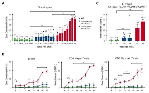 IUHSCT similarly allows for robust donor engraftment in homozygous Fanca–/– mice with WT competitive advantage over time.Fanca–/–, Fanca+/−, and WT fetuses were generated as previously described for Fancd2–/– mice. At E13.5-14.5, fetuses were transplanted via intrahepatic injection with 1 × 106 CD117+ selected HSCs. Pups were genotyped and followed (WT, n = 2; Fanca+/−, n = 4; and Fanca–/–, n = 2). Peripheral blood and BM donor chimerism was assessed by flow cytometry (% CD45.1) at various time points after IUHSCT. (A) Multilineage donor chimerism was examined in (A) granulocytes and (B) lymphocytes, including B cells, CD4 helper T cells, and CD8 cytotoxic T cells. (C) LT-HSC chimerism was also determined. Data represent mean ± SEM. Comparisons were performed using ANOVA with Tukey multiple comparison test, and a P value of <.05 was considered significant. ∗∗∗∗P < .0001; ∗∗∗P < .001; ∗∗P < .01; ∗P < .05. ns, nonsignificant.
