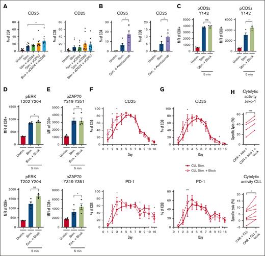 Inhibition of CD24 and CD52 signaling rescues T-cell function in CLL. (A-B) PBMCs from HDs and patients with CLL were thawed and preincubated for 1 hour with 1 μg/mL CD24 and 1 μg/mL CD52 antibodies (A) or alemtuzumab (1 μg/mL) (B) and subsequently stimulated with soluble stimulatory CD3/28 antibodies for 2 days. T cells were analyzed for expression of CD25 afterwards (n = 6-9). (C-E) CLL-derived T cells were stimulated with soluble CD3/28 antibodies in the presence or absence of CD24 and CD52 blocking antibodies. Five minutes after activation, the T cells were stained and analyzed for phosphorylation of CD3ζ (C; n = 4), ERK (D; n = 4), and ZAP70 (E; n = 4). (F-G) PBMCs from patients with CLL were cultured for 16 days in the presence of a single dose of CD3/28 antibodies with or without CD24 and CD52 blocking antibodies. During the culturing period, T-cell activation (CD25) and the expression of PD-1 was measured on CD4 (F) and CD8 (G) T cells. (H) 19BBζ CAR T cells were generated from T cells derived from patients with CLL and cocultured in a 1:1 ratio with either JeKo-1 cells or primary CLL cells, a single dose of blocking antibodies for CD24 and CD52 was added to the culture, and, after 1 day, the cell death of JeKo-1 cells or CLL cells was analyzed and specific lysis was calculated. P values were calculated using a t test for panels A,C,E, a paired t test for panel H, or a 1-way ANOVA for panel B. Data are presented as mean ± SEM; ∗P ≤ .05, ∗∗P ≤ .01, ∗∗∗P ≤ .001. MFI, mean fluorescence intensity.