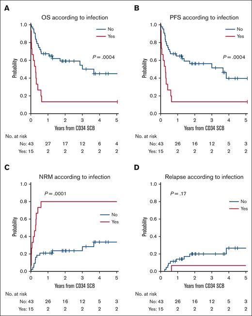 Active infection at the time of SCB is associated with survival outcomes. OS (A) and PFS (B) with respect to the presence of active infection at the time of SCB. Cumulative incidence of NRM (C) and relapse (D) with respect to infection status at the time of SCB.