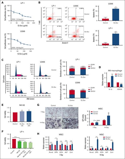 The function of monocyte-exosome. (A) Cell viability of MM cells in response to treatment with CL-Exo. (B-C) The CL-Exo treatment at the IC50 concentration induced apoptosis (B) and cell cycle arrest (C) in MM cells. (D) The relative mRNA expression level of IL-1β and CD206 in macrophage after treated with 100 μg/mL CL-Exo. (E) Cell viability of NK-92 cells in response to treatment with 100 μg/mL CL-Exo. (F) The CL-Exo treatment at a concentration of 100 μg/mL enhanced the antitumor activity of NK-92 cells to MM cells. (G) The calcium deposition and ALP activity was determined after 7-day and 14-day treatment of 100 μg/mL CL-Exo in MSCs. Scale bar, 100 μm. (H) The relative mRNA expression levels of Runx2, OPN, OCN, ALP, and Col-l were determined by qPCR after 7-day and 14-day treatment of 100 μg/mL CL-Exo in MSCs. ∗P < .05; ∗∗P < .01; ∗∗∗P < .001; ∗∗∗∗P < .0001. ALP, alkaline phosphatase ; IL-1β, interleukin-1β; mRNA, messenger RNA; n.s, no significance; qPCR, quantitative real-time PCR.