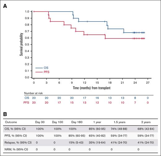 Kaplan-Meier estimates of survival in all treated patients. (A) Kaplan-Meier plots of OS and PFS. (B) Tabulation of OS, PFS relapse, and nonrelapse mortality at the indicated time points after transplant.