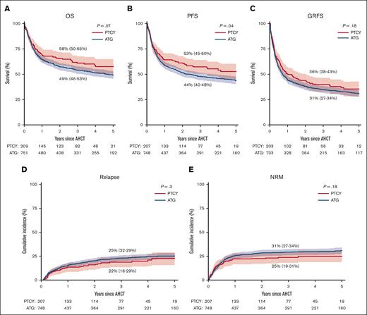 Outcomes of patients with MDS transplanted with PTCY vs ATG. (A) OS, (B) PFS, (C) GRFS, (D) RI, and (E) NRM of patients with MDS who received PTCY or ATG as GVHD prophylaxis for UD allo-HSCT and stratified by donor type (MUD vs MMUD). Numbers below the graph show the number of patients at risk.