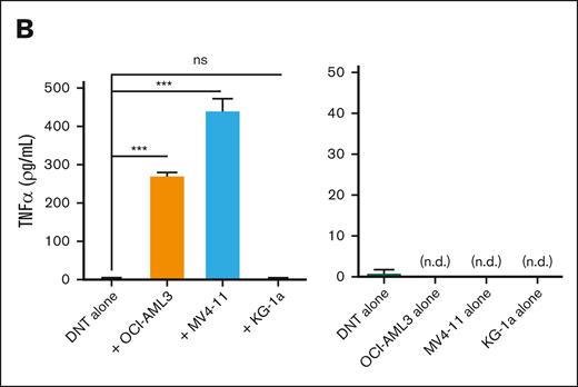 CD64 expression on susceptible AML cells trigger DNTs to produce TNFα. (A-B) DNTs and AML cells were cultured alone or together for 2 hours. The intracellular expression of TNFα was measured on DNTs (CD3+CD33–) by flow cytometry. The bar graph shows the percentage expression (left), and the flow plot shows a representative histogram with MFI values (right) (A). The level of TNFα in the supernatants of cocultures (left) and AML or DNT cell alone groups (right) were determined by enzyme-linked immunosorbent assay (ELISA) (B). The experiments were performed in triplicates. The data shown are representative of 2 independent experiments.