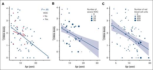Correlation between VOC, transfusion, and follicle density. (A) Correlation between the presence of VOC and primordial follicle density. (B) Correlation between the number of VOC and primordial follicle density. (C) Correlation between primordial follicle density and administered transfusion doses.